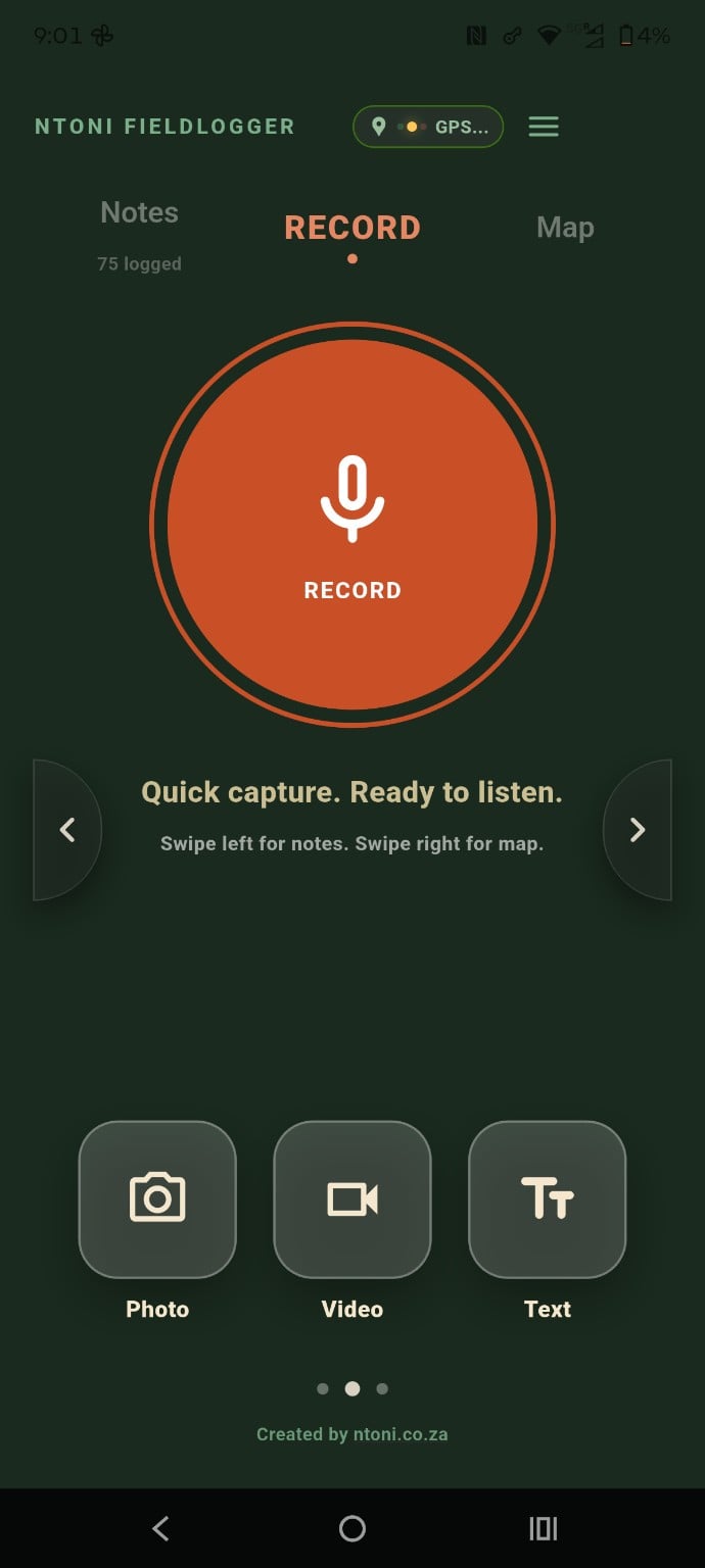 Ntoni Fieldlog record screen on a mobile phone