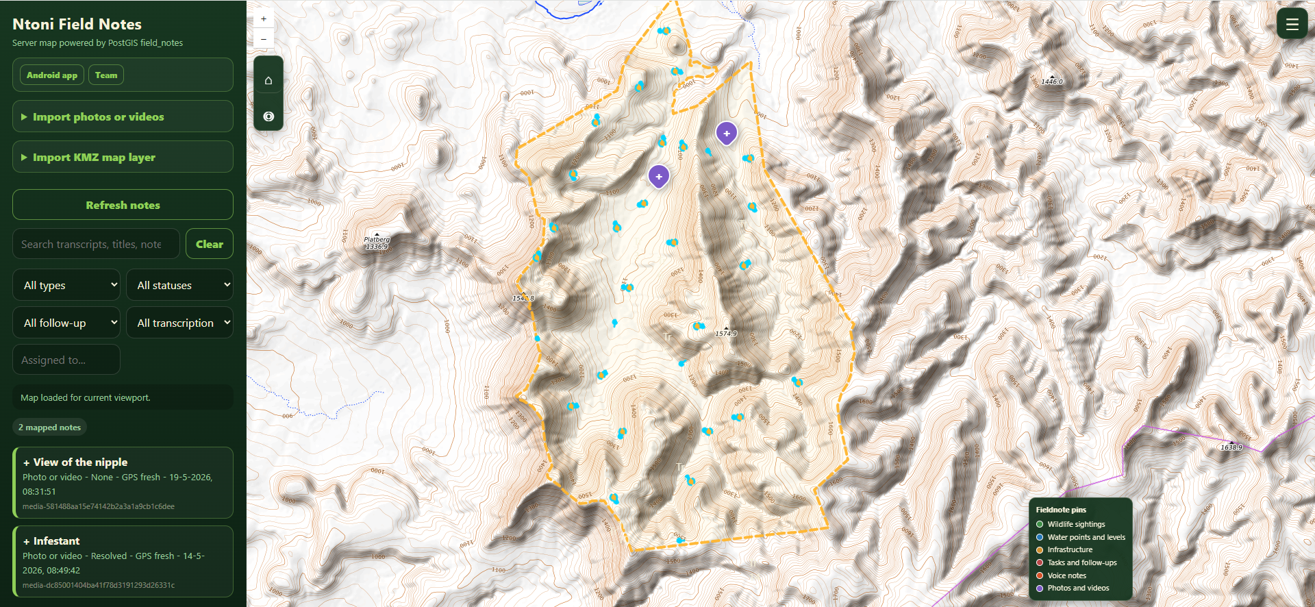 Ntoni Field Notes dashboard with field notes plotted on the map